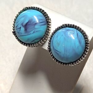 Vintage Turquoise Blue and Purple Acrylic Button Clip Earrings